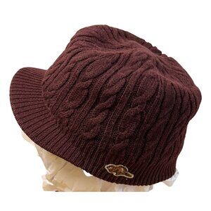 Roots Cable Knit Newsboy Cabbie Cap Hat Wool Blend Burgundy Brimmed Beanie Cozy